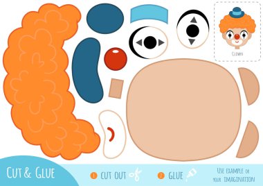 Çocuklar için eğitim kâğıdı oyunu, çizgi film karakteri palyaço. Resmi oluşturmak için makas ve yapıştırıcı kullanın.