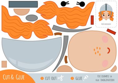 Çocuklar için eğitim kâğıdı oyunu, at binicisi kasklı çizgi film kızı. Resmi oluşturmak için makas ve yapıştırıcı kullanın.