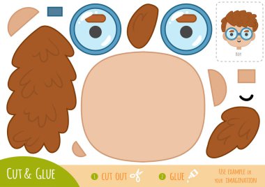 Çocuklar için eğitim kâğıdı oyunu, gözlüklü çizgi film çocuğu. Resmi oluşturmak için makas ve yapıştırıcı kullanın.