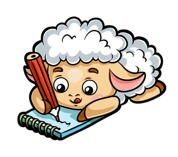 Cartoon Vector Illustration Children Sheep Writer Pencil Notebook — Stock Vector