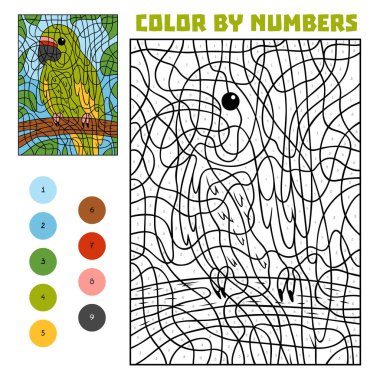 Rakamlara göre renk, çocuklar için eğitim oyunu, yağmur ormanlarında bir dalda papağan