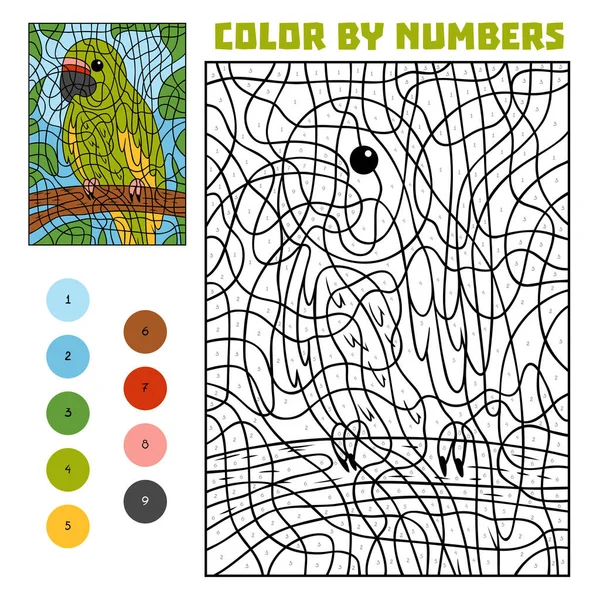 Barva Podle Čísla Vzdělávací Hra Pro Děti Papoušek Větvi Deštném — Stockový vektor