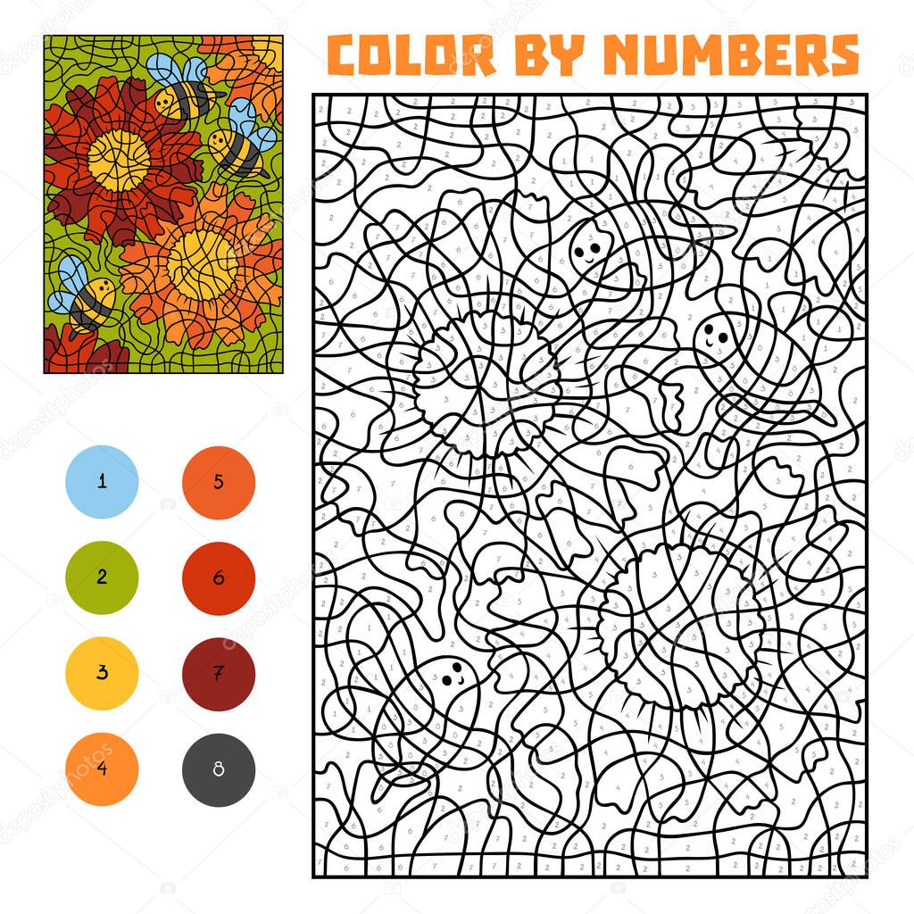 Color by number, education game for children, Bees and flowers