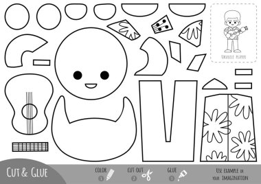 Çocuklar için eğitim kâğıdı oyunu, Hawaii tişörtlü ukuleleli müzisyen. Resmi oluşturmak için makas ve yapıştırıcı kullanın.