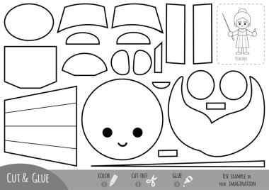 Çocuklar için eğitim kâğıdı oyunu elinde işaret ve tebeşirle öğretmen kadın. Resmi oluşturmak için makas ve yapıştırıcı kullanın.