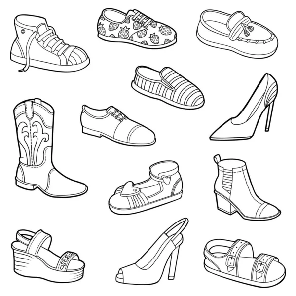 Векторный Набор Обуви Черно Белая Коллекция Мультипликационной Одежды Аксессуаров — стоковый вектор