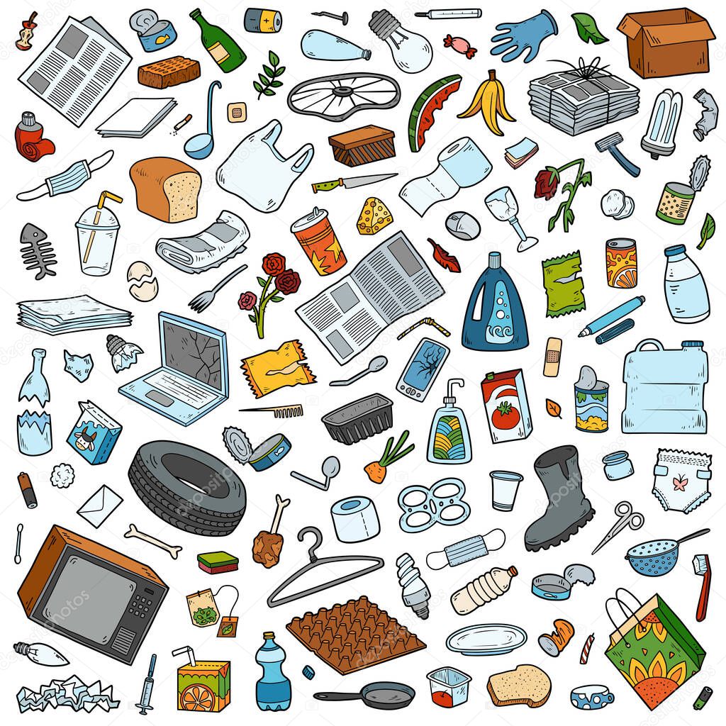 Set of recyclable items on white background. Colorful vector collection of objects on the theme of garbage and environmental pollution