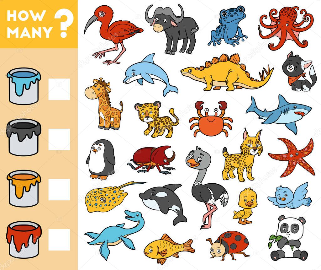 Counting Game for Preschool Children. Educational a mathematical game. Count how many animals by colors and write the result!