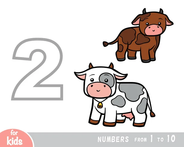 Bildungsplakat Für Kinder Über Zahlen Ziffer Zwei Zwei Kühe Vektorgrafik — Stockvektor