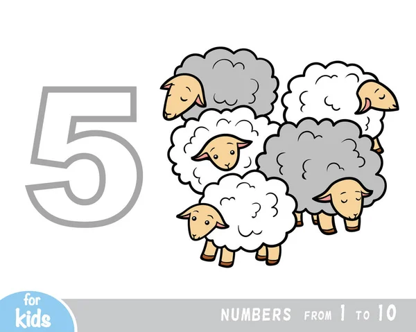 Plakat Edukacyjny Dla Dzieci Liczbach Cyfra Pięć Pięć Owiec Ilustracja — Wektor stockowy