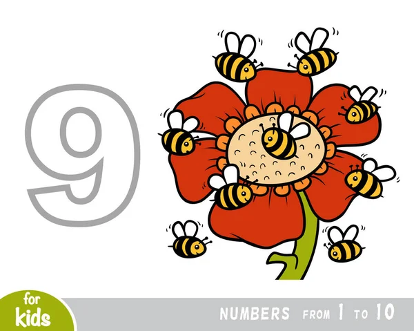Educational Poster Children Numbers Digit Nine Nine Bees Vector Cartoon — Stock Vector