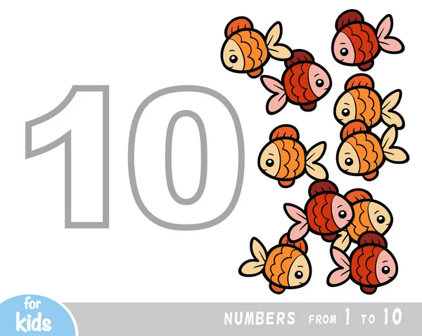 Образовательный Плакат Детей Цифрах Десять Десять Рыб Векторная Карикатура Обучение — стоковый вектор