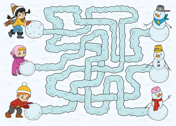 迷路ゲーム 子供のための教育ゲーム 子供と雪だるま — ストックベクタ
