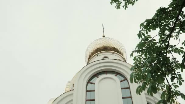 Iglesia Blanca Ramas Árboles Verdes Contra Cielo Nublado — Vídeo de stock
