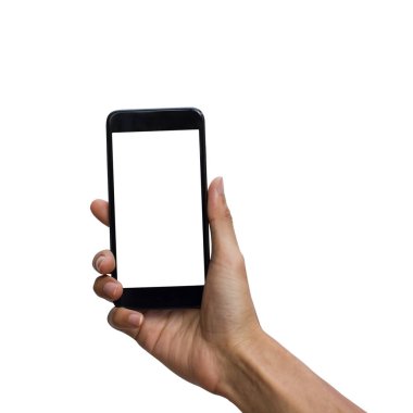 Siyah smartphone ile beyaz perde tasarım kadar sahte için tutan adam el. Beyaz arka plan üzerinde izole. kırpma yolu kullanmak için kolay Ekle.