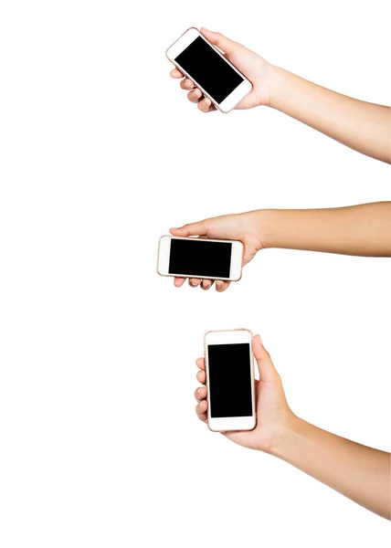 Female Hand Holding Multiple Touch Screen Tablet Smartphone Black Screen — Stock Photo, Image