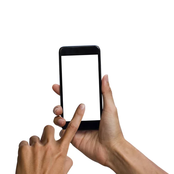 Człowiek Ręki Trzymającej Czarny Smartphone Rezygnować Biały Ekran Makiety Projektu — Zdjęcie stockowe