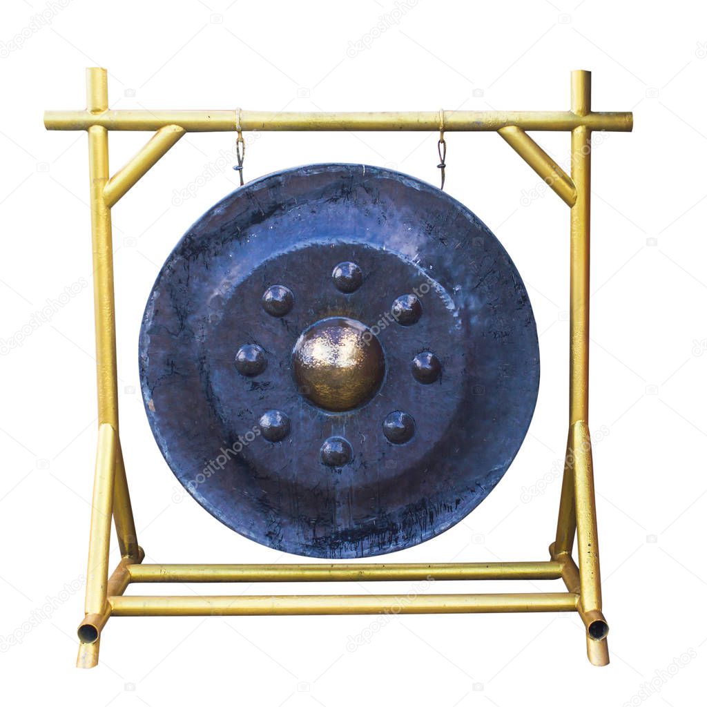 Thai traditional antique black metal gong. Metal steel drum isolated on white background with clipping path.
