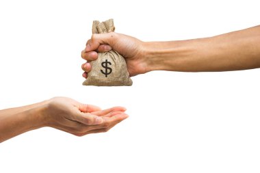 Para çantasını holding ve işinizi başka bir kişiye izole kırpma yolu çizmek için kullanımı kolay ile beyaz arka plan üzerinde para veren adam el.