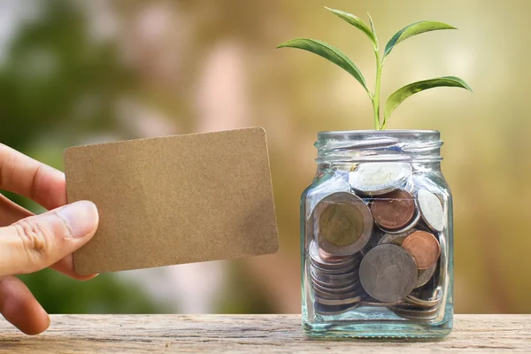 Saving and invest money concept. Conceptual hand holding brown card near the glass jar on nature background. Business investment growth concept. Investing and interest concept.