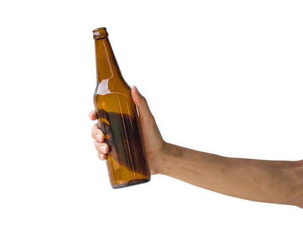 Hand Hält Bierflasche Isoliert Auf Weißem Hintergrund Clipping Pfad Der — Stockfoto