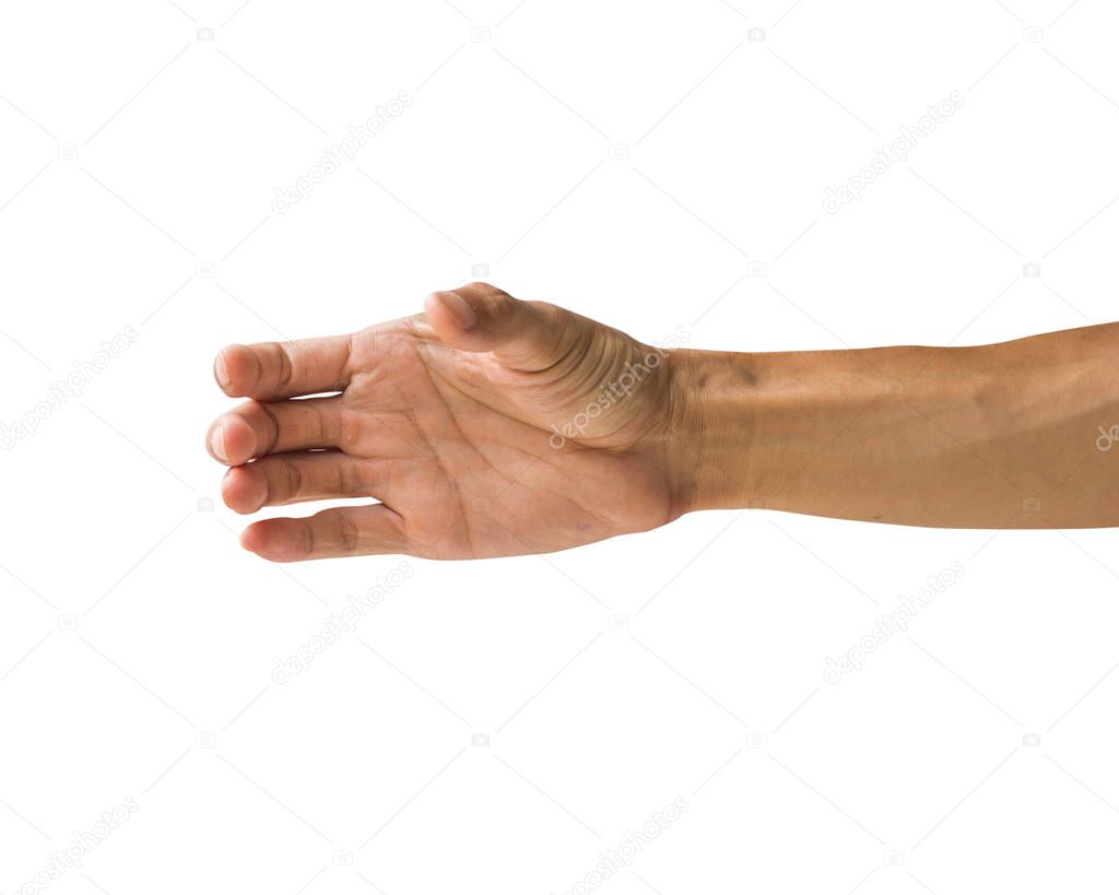 Clipping path hand isolated. Man hand holding something like a bottle isolated on white background. Hand gesture.