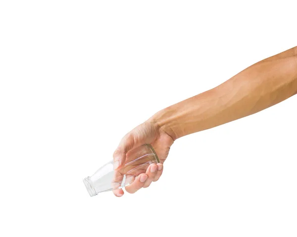 Рука Держит Прозрачную Бутылку Белом Фоне Обрезка Пути Прозрачной Бутылки — стоковое фото
