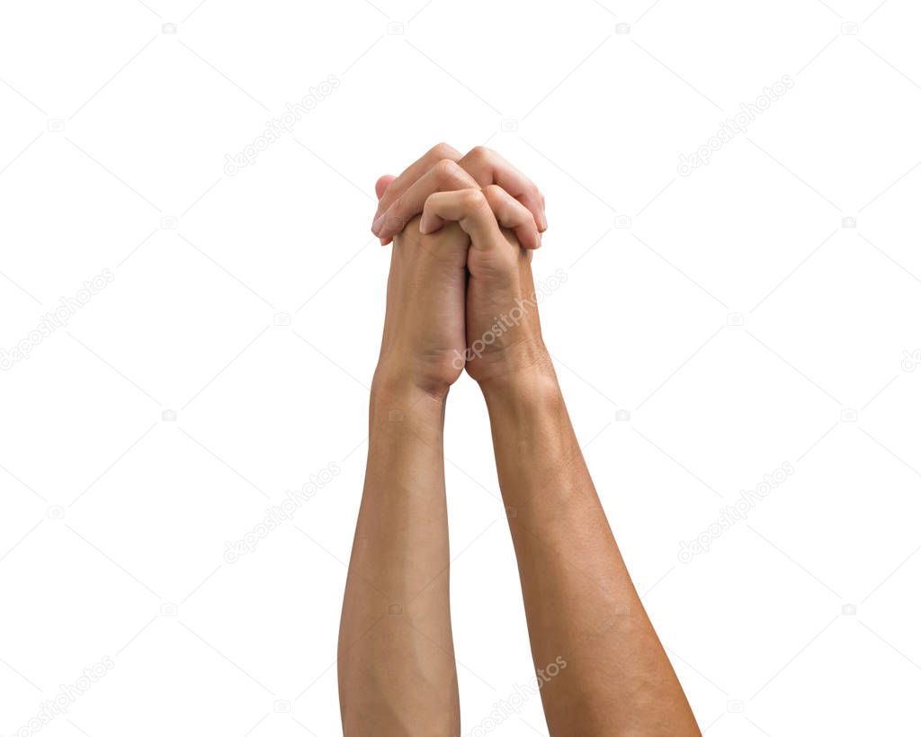 Man praying hand isolated. Clipping path hands Isolated on white background. 
