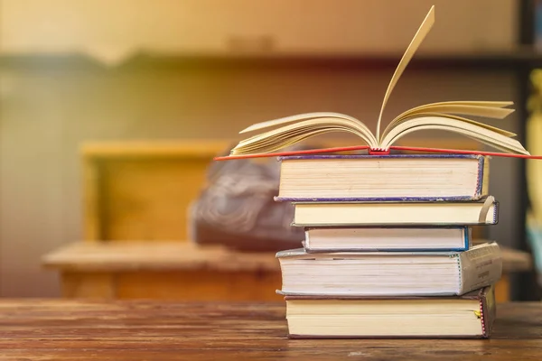 Education Reading Concept Group Stack Books Opened Book Top Wooden — Stock Photo, Image