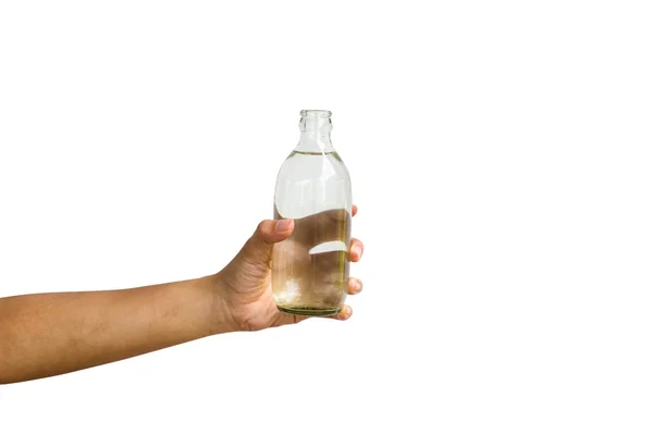 Ręka Białym Tle Przycięte Człowiek Ręki Trzymającej Otwarte Butelki Wody — Zdjęcie stockowe