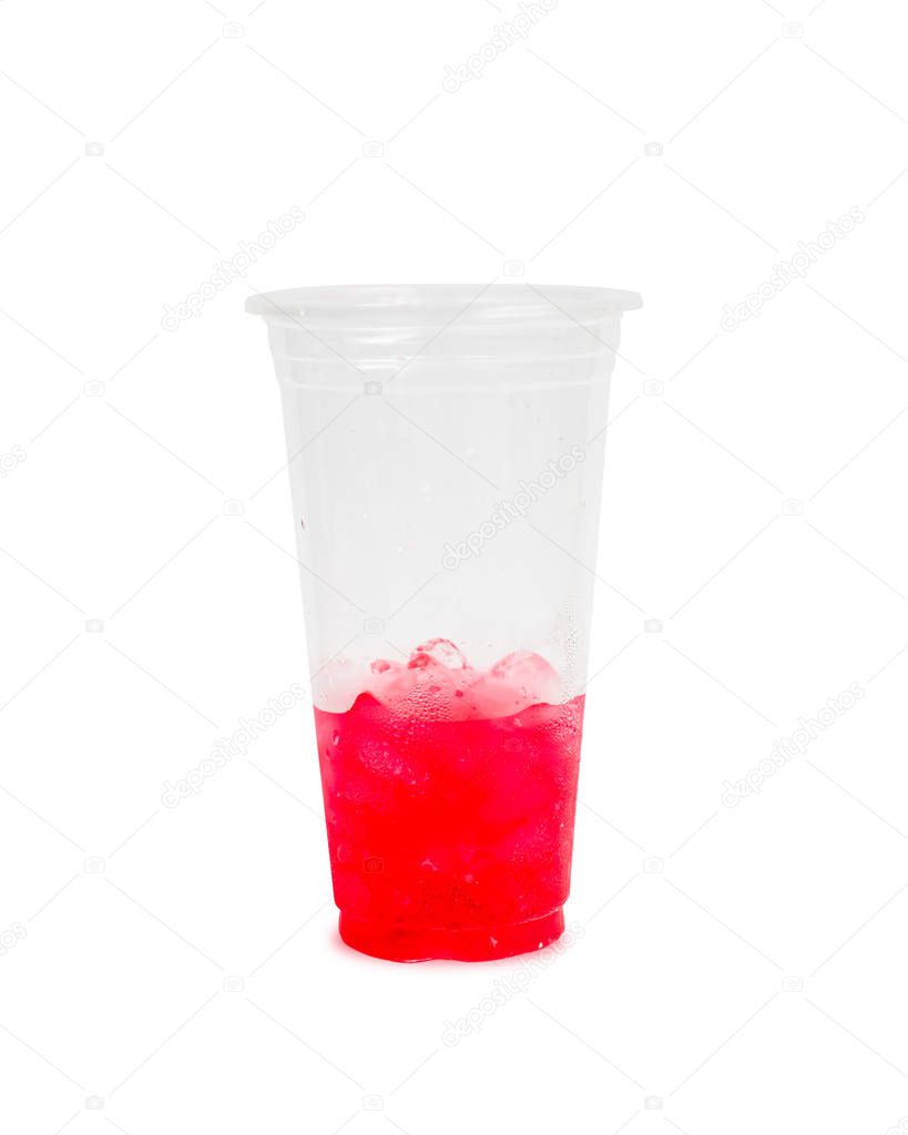 Half of cool red soda water in plastic glass isolated on white background include clipping path easy use for your work design.