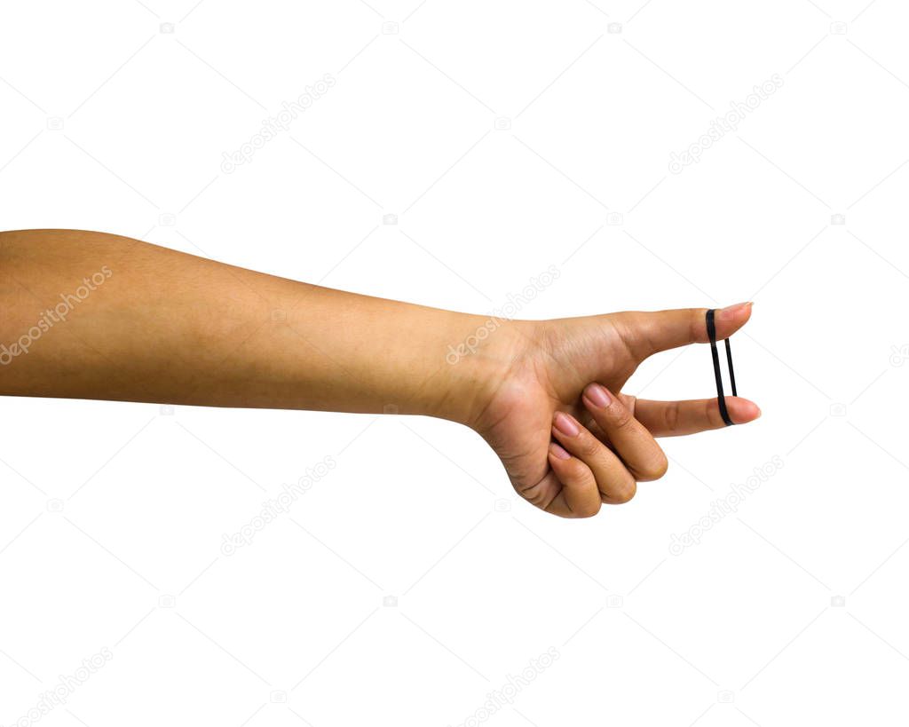 Hand isolated : A cropped female hand holding black rubber band on white background include clipping path Easy to use for your work. 