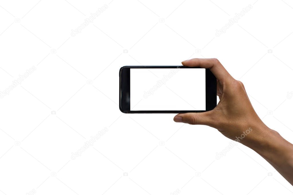 Close-up of a man hand holding black smartphone with white screen against white background include clipping path. 