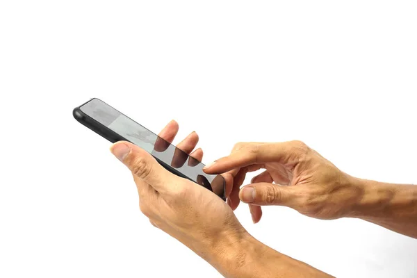Kadrowania Ręki Człowiek Gospodarstwa Przy Użyciu Smartphone Czarny Białym Tle — Zdjęcie stockowe