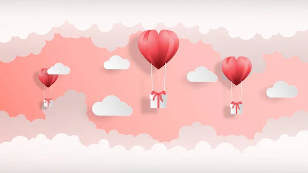 Creative valentines day background vector illustration paper cut style 2019 color trend. Heart shape balloon and cloud on pink background for wallpaper, sale offer, web banner, poster, flyer, leaflet.