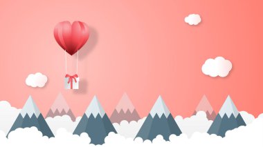 Yaratıcı Sevgililer günü arka plan vektör çizim kağıdı tarzı kesin. Kalp şekli balon ve duvar kağıdı, satış teklifi, web afiş, poster, afiş, broşür için dağ arka plan üzerinde uçan hediye.