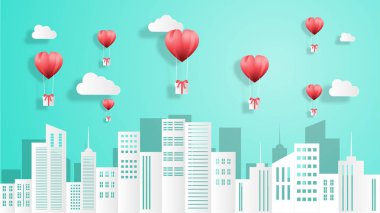 Yaratıcı Sevgililer günü arka plan vektör çizim kağıdı tarzı kesin. Cityscape üzerinde uçan kalp şekli sıcak hava balonu. duvar kağıdı, satış teklifi, web afiş, poster.