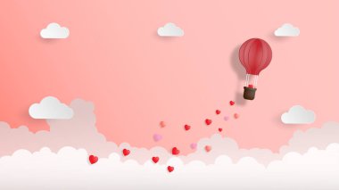 Yaratıcı Sevgililer günü arka plan vektör çizim kağıdı tarzı kesin. Sıcak hava balon uçuş ve pembe bir arka plan üzerinde bulut. Duvar kağıdı, satış teklifi, web afiş, poster, afiş, broşür.