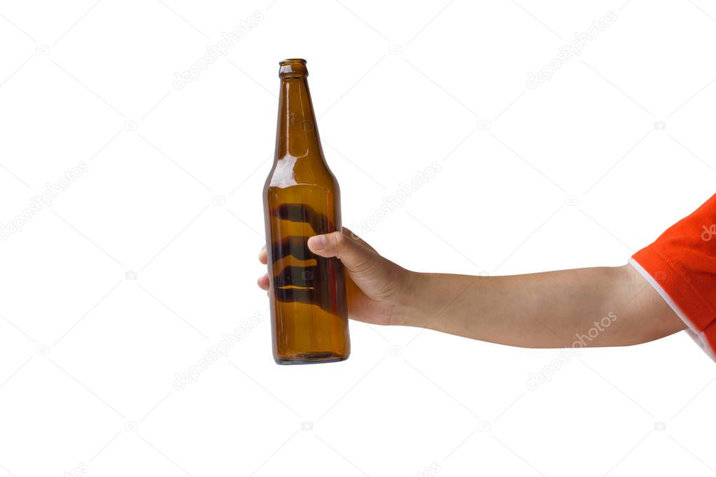 Cropped of woman hand holding beer bottle without label isolated on white background. Clipping path include.