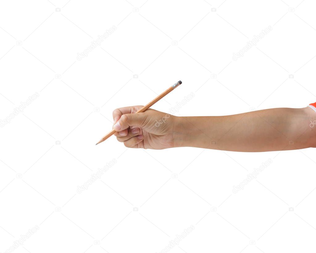 Cropped of woman hand holding brown pencil isolated on white background. Clipping path include.