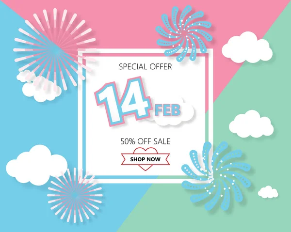 Creative valentines day sale background with firework and clouds paper cut style background. Vector illustration. Wallpaper. Flyers, Invitation card.