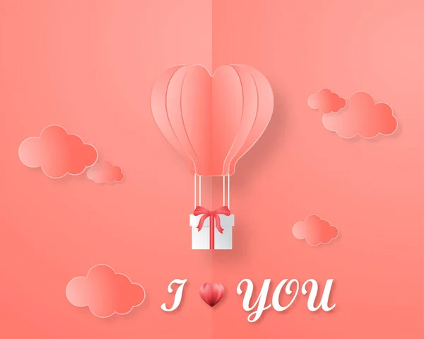 创意爱情邀请卡情人节矢量插画剪纸风格 折纸热气球飞行与礼品盒上的打开书页面上的云和我爱你的文字 2019年颜色趋势 — 图库矢量图片