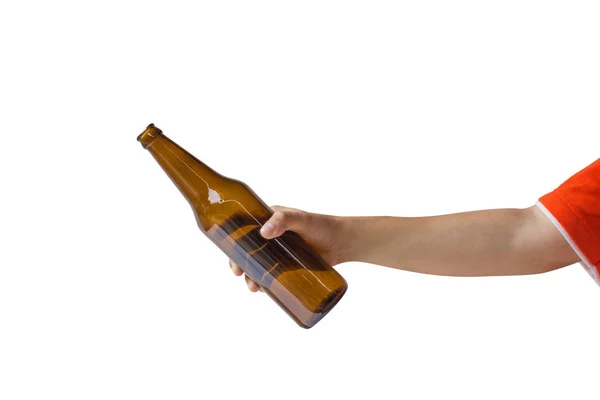 Abgeschnitten Von Frau Hand Hält Bierflasche Ohne Etikett Isoliert Auf — Stockfoto