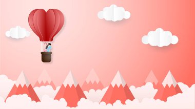 Aşk Sevgililer günü kavramının yaratıcı. Dağların üzerinden uçan origami sıcak hava balonu çift kucaklama sevgi ve arka plan bulut. Stil vektör çizim davetiye kartı Sevgililer günü kağıt kesme.