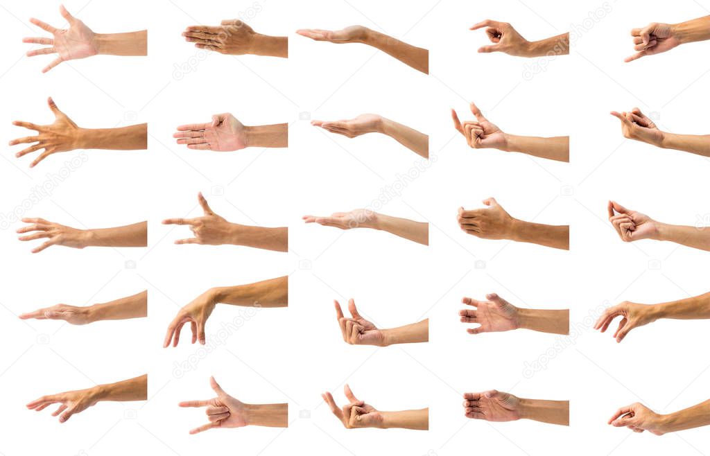 Collection of man's hand gesture isolated on white background. Set of hand gesturing against white background.