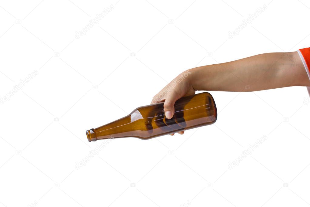 Cropped of woman hand holding beer bottle without label isolated on white background. Clipping path include.