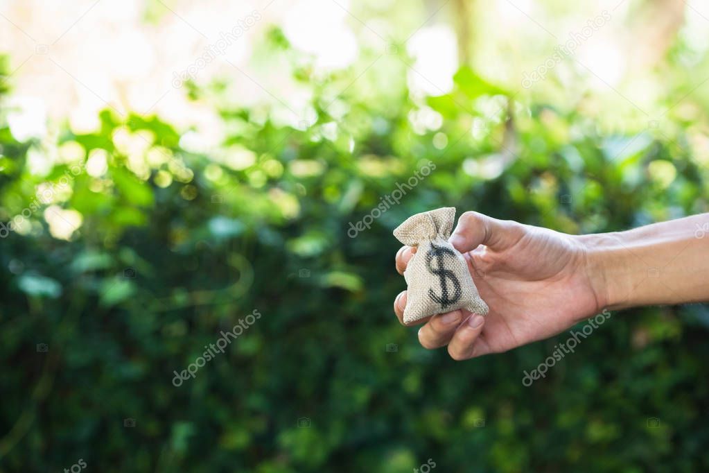 A Cropped of man hand holding money bags dollar sign on green nature background. Giving money. Money concepts.