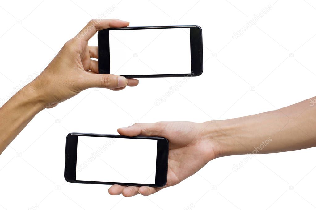 Man hand holding black horizontal smartphone with white screen for mock up design. isolated on white background. insert clipping path.