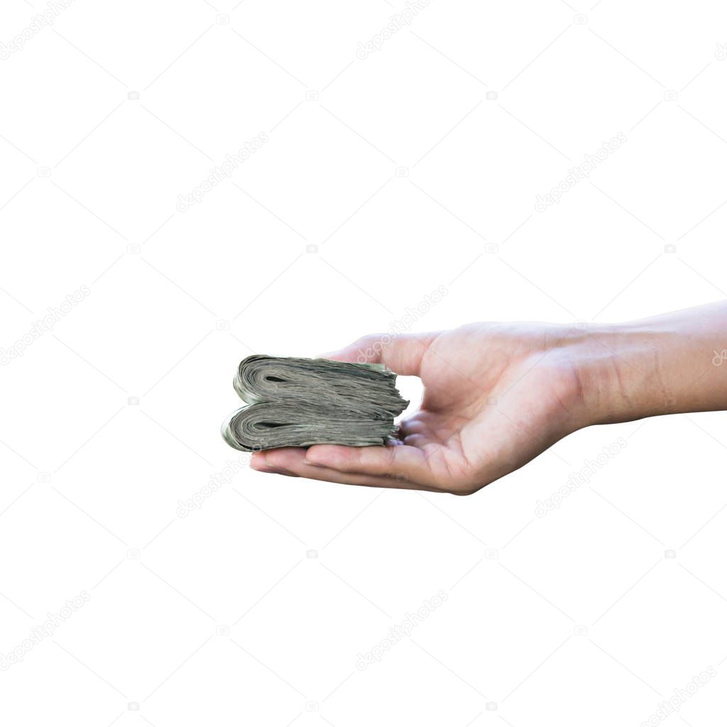 Cropped of A man hand holding money or banknote isolated on white background. Side view.