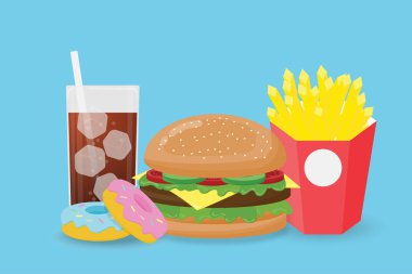 Yaratıcı illüstrasyon izole mavi arka plan üzerinde lokanta. Fast food hamburger, çörek, patates kızartması, düz stil soda içecek.